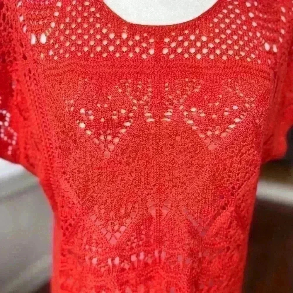 CHICO'S Alana Fringe Pullover Crochet Sweater in Red Orange | Size 1 - Picture 3 of 6